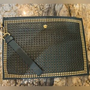 Versace Dark Green Leather Wristlet Clutch w/Gold Studs & Hardware!
